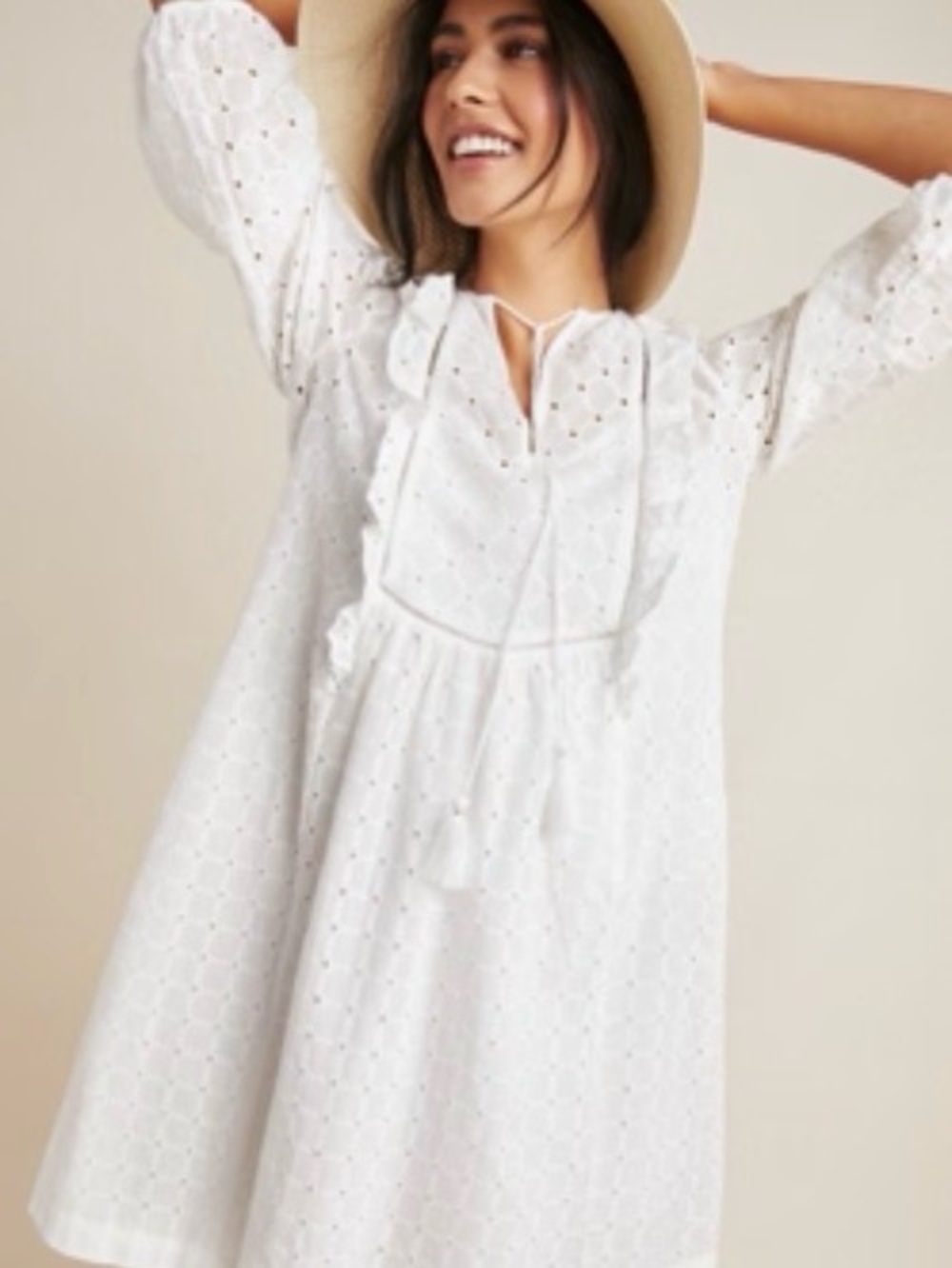 Anthropologie Thames White Eyelet Ruffle Tie-Front Dress